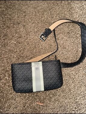 MICHAEL Michael Kors Black Logo Belt Bag with Cream Center Stripe